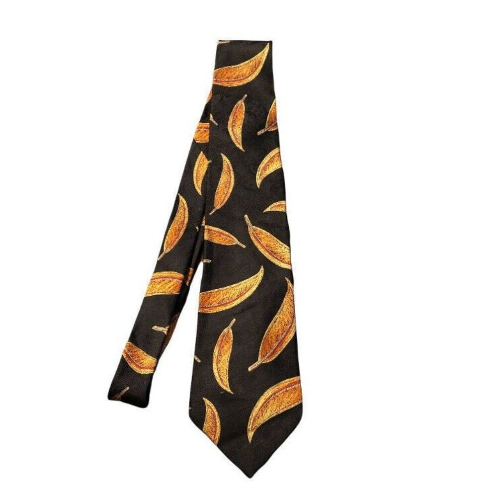 Vintage Gitman Brothers Silk Tie Black Gold Banana Leaf Print Made In USA